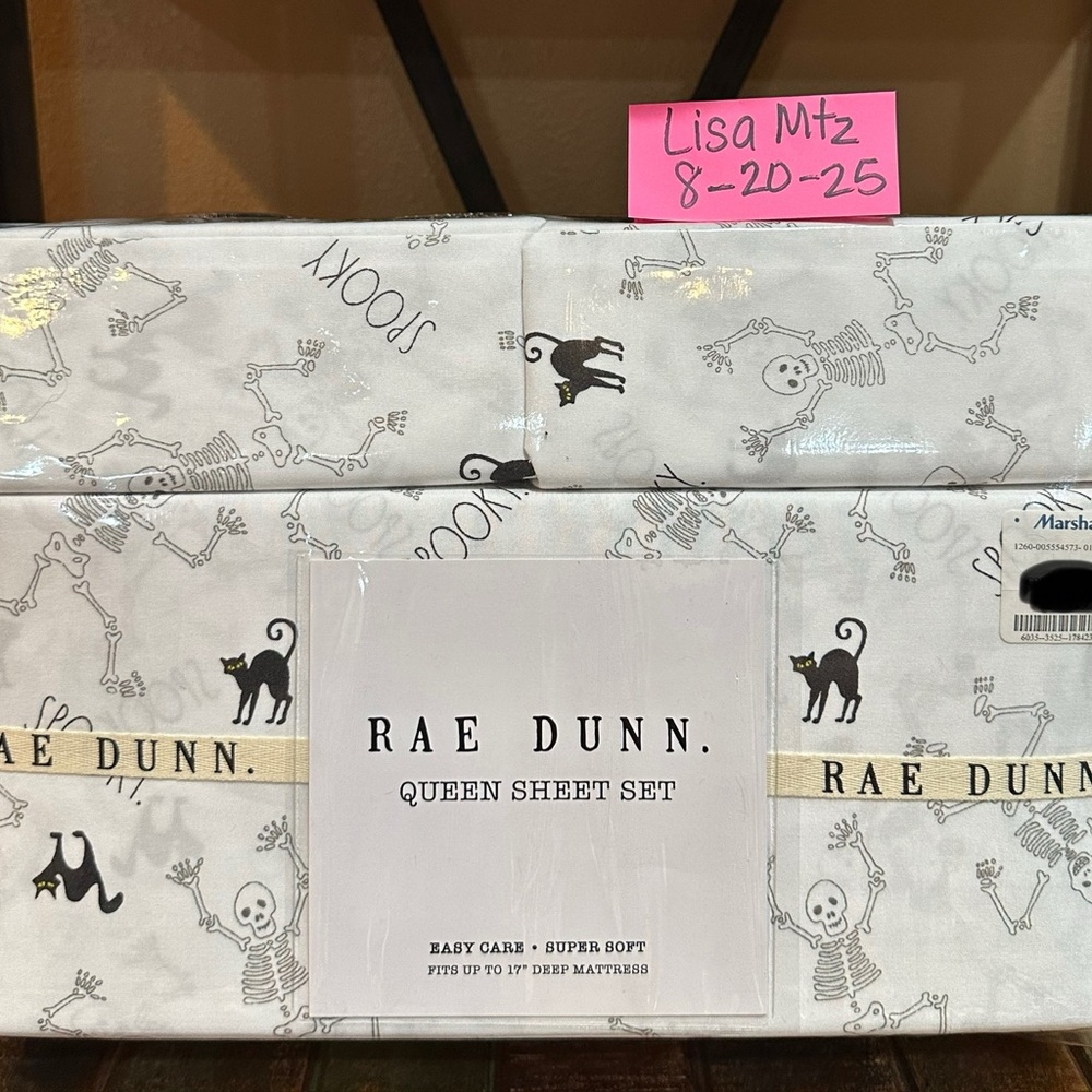 Rae Dunn White Queen Sheet Set with Halloween Skeletons and Cats